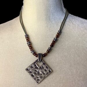 Vintage Premier Designs Pendant Necklace Olive Green Cord Amber Color Beads 17in